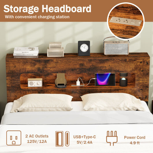 Slatted Full Bed Frame with LED Lights and Storage Headboard No Box Spring Needed-Full Size LuxuryLifeWay Online Store