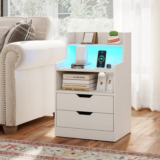 Nightstand with LED Light and Charging Station for Living Room Bedroom-Black LuxuryLifeWay Online Store