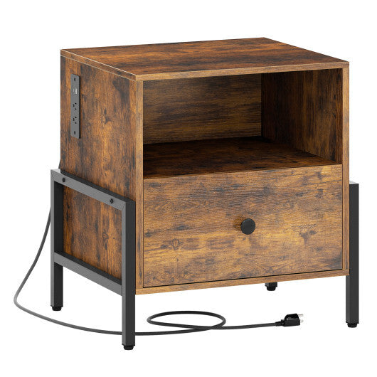 Nightstand with Charging Station and Drawer Sofa Side Table-Rustic Brown LuxuryLifeWay Online Store