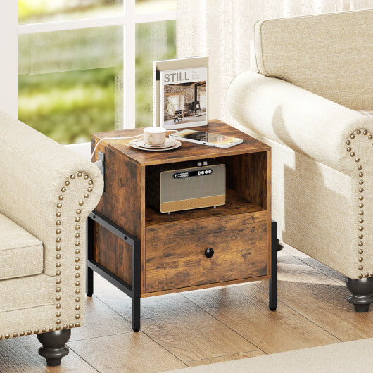 Nightstand with Charging Station and Drawer Sofa Side Table-Rustic Brown LuxuryLifeWay Online Store