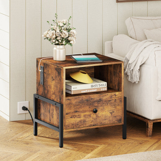 Nightstand with Charging Station and Drawer Sofa Side Table-Rustic Brown LuxuryLifeWay Online Store