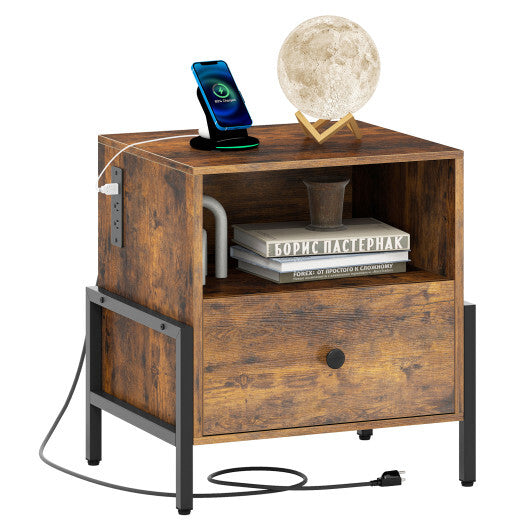 Nightstand with Charging Station and Drawer Sofa Side Table-Rustic Brown LuxuryLifeWay Online Store