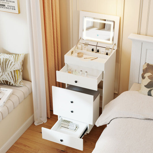 3-in-1 Small Vanity Desk Set with Flip-top Mirror and Lights with Drawers and Stool-White LuxuryLifeWay Online Store
