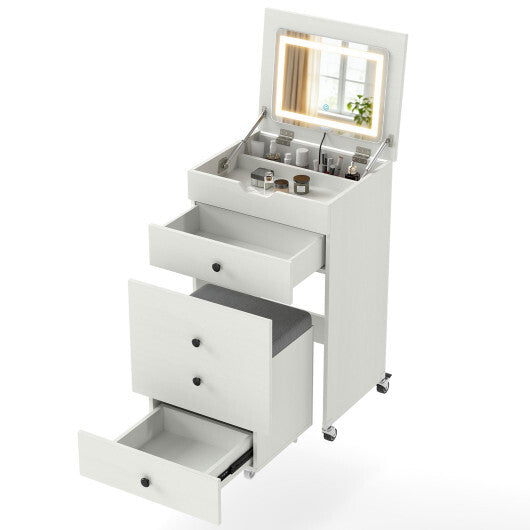 3-in-1 Small Vanity Desk Set with Flip-top Mirror and Lights with Drawers and Stool-White LuxuryLifeWay Online Store
