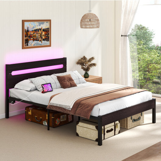 Heavy-Duty Metal Slats Support Bed Platform with Charging Station-Walunt LuxuryLifeWay Online Store