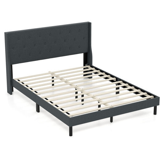 Queen Size Upholstered Bed Frame with Button Tufted Wingback Headboard and Wooden Slats Support Mattress Foundation-Gray