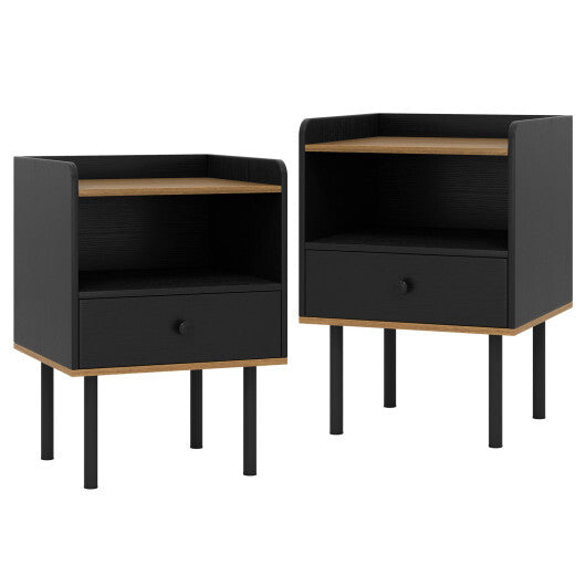 Nightstand with Drawer 3-Tier Sofa Side Table with Open Storage Shelf Set of 2-Black LuxuryLifeWay Online Store