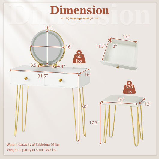 Vanity Desk with with Lighted Adjustable Mirror for Bedroom-White LuxuryLifeWay Online Store
