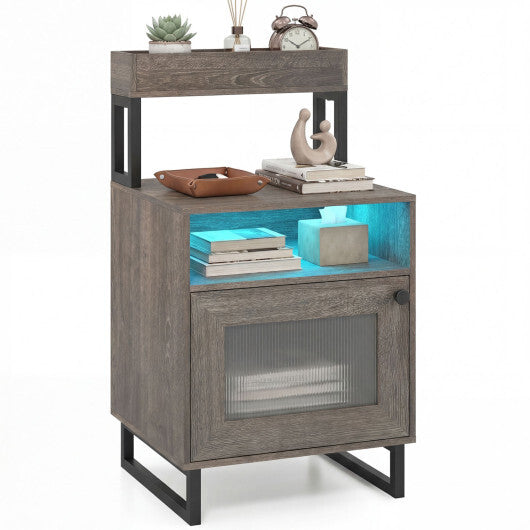 Nightstand with LED Lights Modern End Table with Top Tray Open Compartment and Storage Cabinet-Gray LuxuryLifeWay Online Store