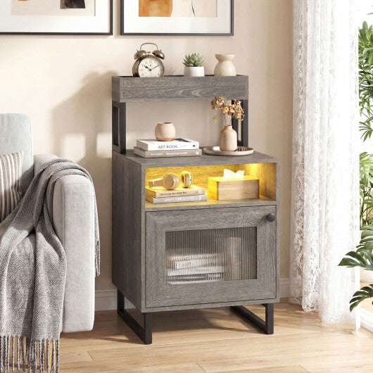 Nightstand with LED Lights Modern End Table with Top Tray Open Compartment and Storage Cabinet-Gray LuxuryLifeWay Online Store