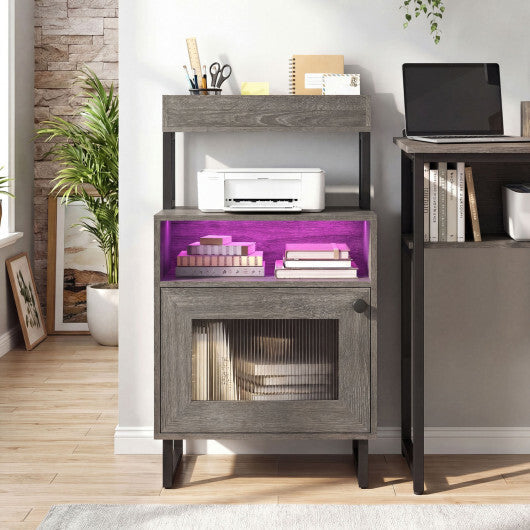 Nightstand with LED Lights Modern End Table with Top Tray Open Compartment and Storage Cabinet-Gray LuxuryLifeWay Online Store