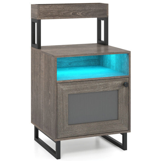 Nightstand with LED Lights Modern End Table with Top Tray Open Compartment and Storage Cabinet-Gray LuxuryLifeWay Online Store