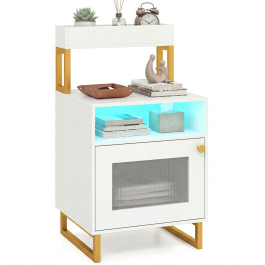 Nightstand with LED Lights Modern End Table with Top Tray Open Compartment and Storage Cabinet-Gray LuxuryLifeWay Online Store