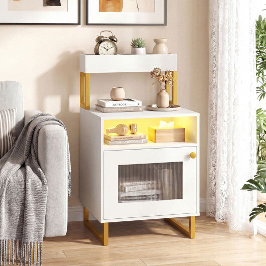 Nightstand with LED Lights Modern End Table with Top Tray Open Compartment and Storage Cabinet-Gray LuxuryLifeWay Online Store