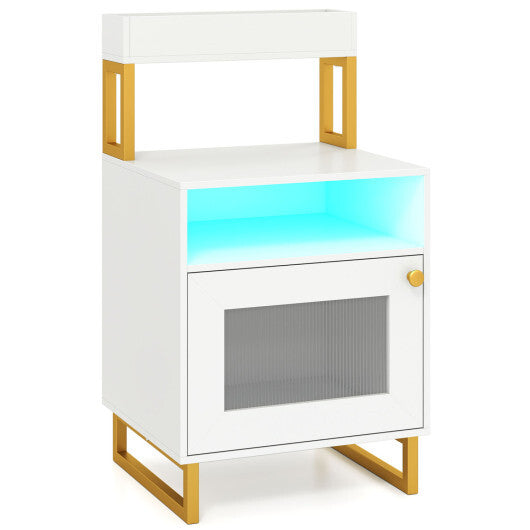 Nightstand with LED Lights Modern End Table with Top Tray Open Compartment and Storage Cabinet-Gray LuxuryLifeWay Online Store
