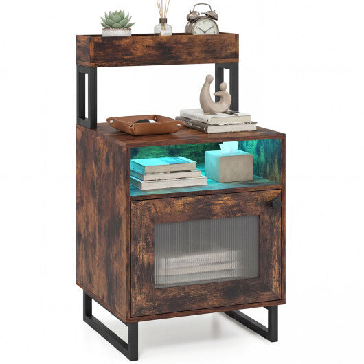 Nightstand with LED Lights Modern End Table with Top Tray Open Compartment and Storage Cabinet-Gray LuxuryLifeWay Online Store