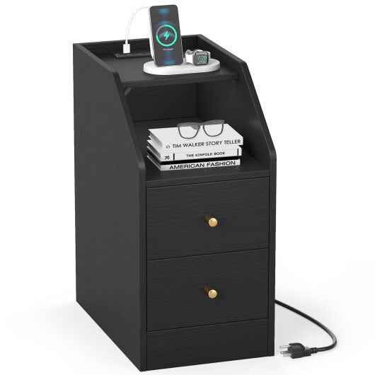 Side End Table with Charging Station Sofa Couch Table with Shelf Drawers-Black LuxuryLifeWay Online Store