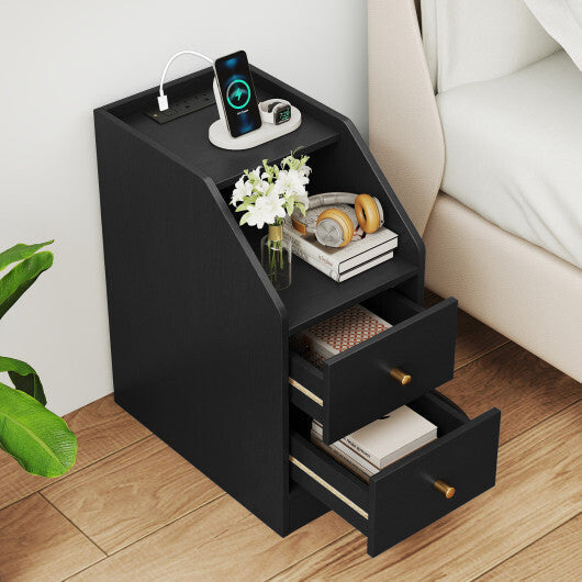 Side End Table with Charging Station Sofa Couch Table with Shelf Drawers-Black LuxuryLifeWay Online Store
