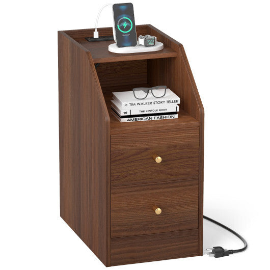 Side End Table with Charging Station Sofa Couch Table with Shelf Drawers-Black LuxuryLifeWay Online Store