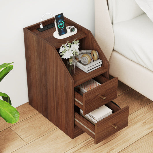 Side End Table with Charging Station Sofa Couch Table with Shelf Drawers-Black LuxuryLifeWay Online Store