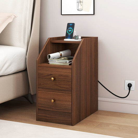 Side End Table with Charging Station Sofa Couch Table with Shelf Drawers-Black LuxuryLifeWay Online Store