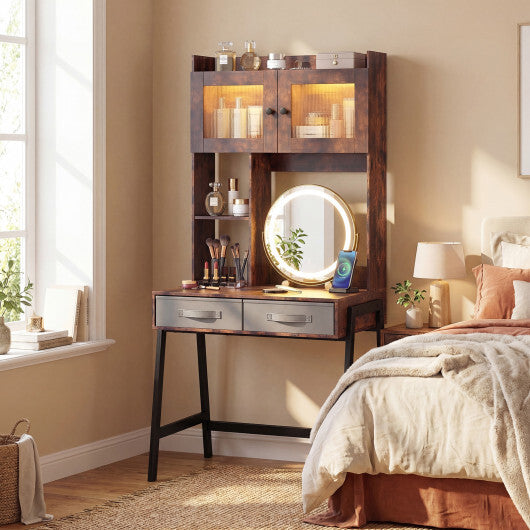 Vanity Desk with Rotatable Mirror and Lights Modern Dressing Table with 3 Light Colors-Brown LuxuryLifeWay Online Store