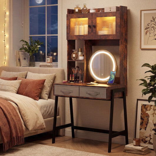 Vanity Desk with Rotatable Mirror and Lights Modern Dressing Table with 3 Light Colors-Brown LuxuryLifeWay Online Store