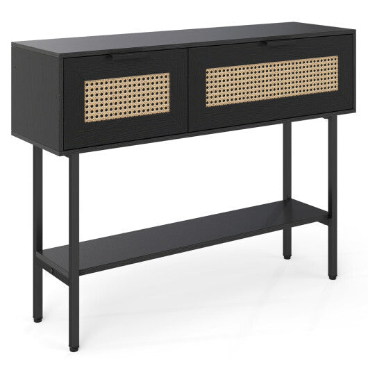 Rattan Console Table with 2 Storage Cabinets Shelf Carbon Steel Frame-Black LuxuryLifeWay Online Store