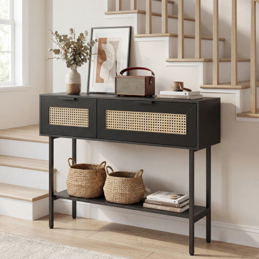 Rattan Console Table with 2 Storage Cabinets Shelf Carbon Steel Frame-Black LuxuryLifeWay Online Store
