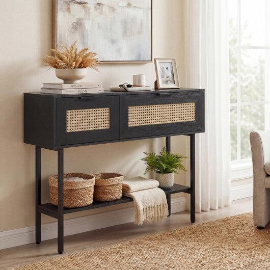 Rattan Console Table with 2 Storage Cabinets Shelf Carbon Steel Frame-Black LuxuryLifeWay Online Store
