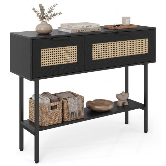 Rattan Console Table with 2 Storage Cabinets Shelf Carbon Steel Frame-Black LuxuryLifeWay Online Store