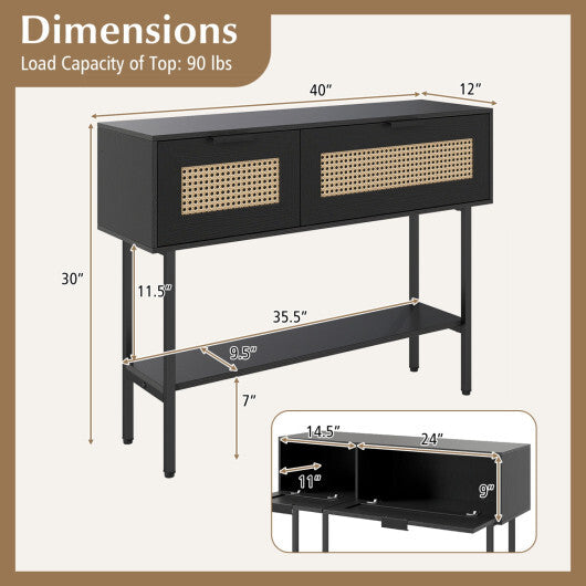 Rattan Console Table with 2 Storage Cabinets Shelf Carbon Steel Frame-Black LuxuryLifeWay Online Store