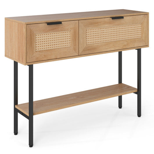 Rattan Console Table with 2 Storage Cabinets Shelf Carbon Steel Frame-Black LuxuryLifeWay Online Store