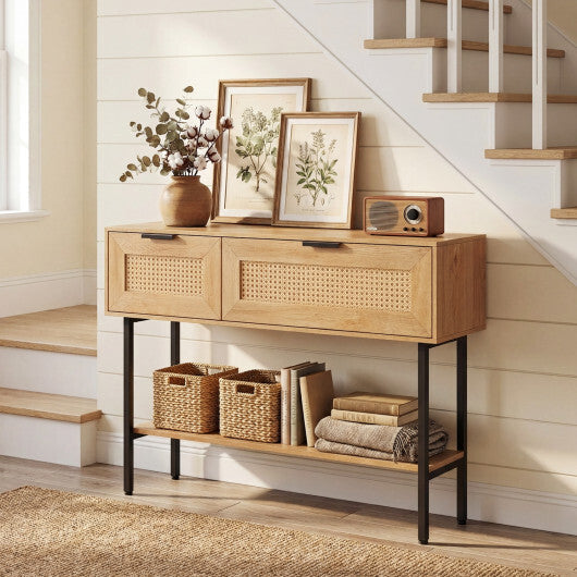 Rattan Console Table with 2 Storage Cabinets Shelf Carbon Steel Frame-Black LuxuryLifeWay Online Store