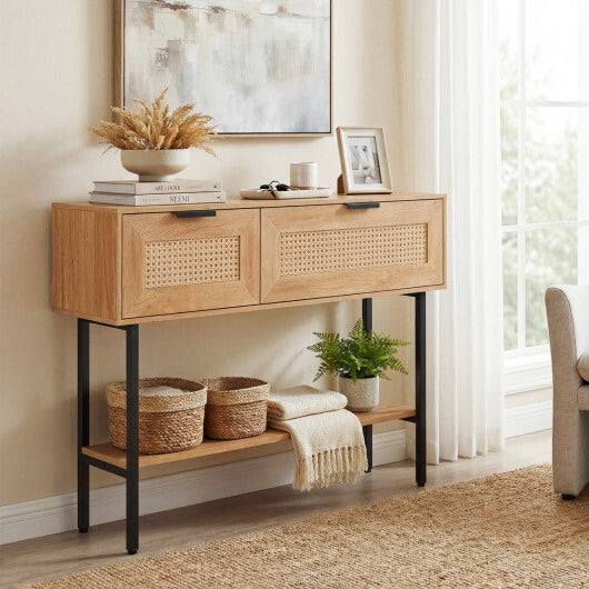 Rattan Console Table with 2 Storage Cabinets Shelf Carbon Steel Frame-Black LuxuryLifeWay Online Store