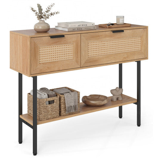 Rattan Console Table with 2 Storage Cabinets Shelf Carbon Steel Frame-Black LuxuryLifeWay Online Store