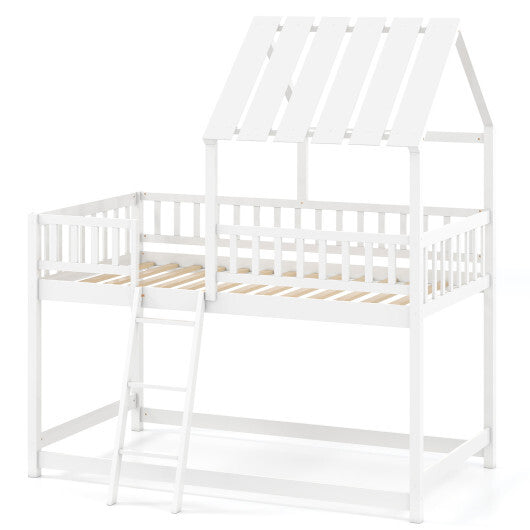 Twin Over Twin House Bunk Bed with Roof and Full-length Guardrails for Kids Teens Boys Girls-White LuxuryLifeWay Online Store