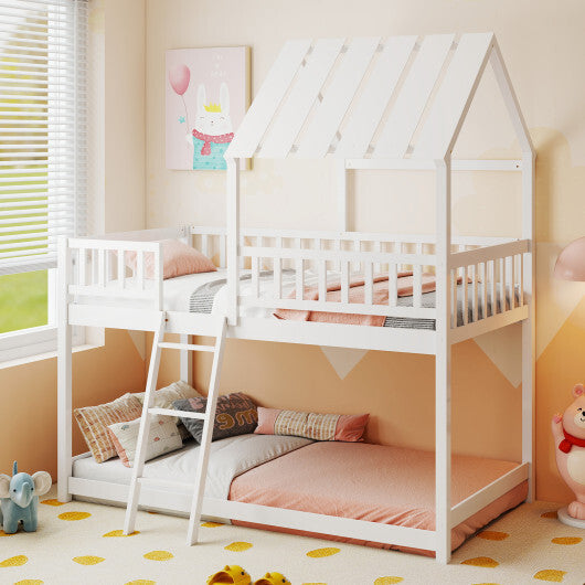 Twin Over Twin House Bunk Bed with Roof and Full-length Guardrails for Kids Teens Boys Girls-White LuxuryLifeWay Online Store