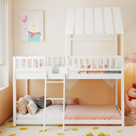 Twin Over Twin House Bunk Bed with Roof and Full-length Guardrails for Kids Teens Boys Girls-White LuxuryLifeWay Online Store