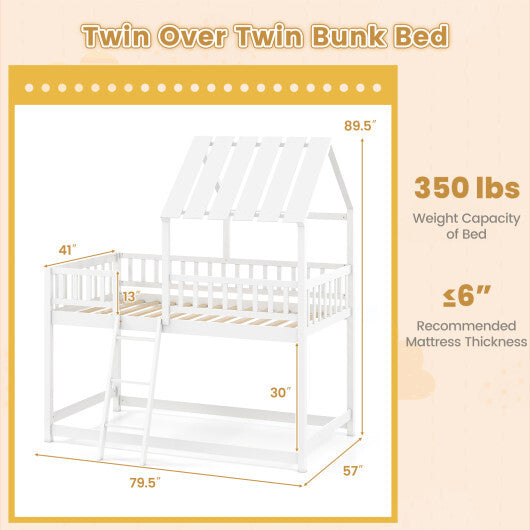 Twin Over Twin House Bunk Bed with Roof and Full-length Guardrails for Kids Teens Boys Girls-White LuxuryLifeWay Online Store