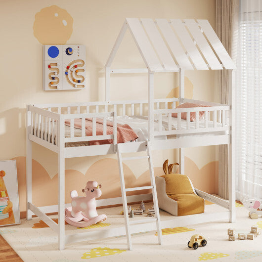 Twin Over Twin House Bunk Bed with Roof and Full-length Guardrails for Kids Teens Boys Girls-White LuxuryLifeWay Online Store