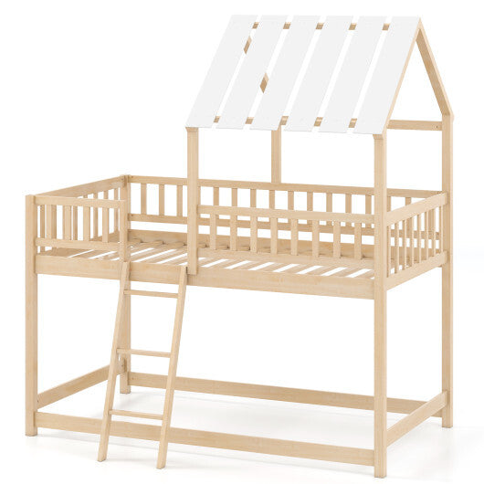 Twin Over Twin House Bunk Bed with Roof and Full-length Guardrails for Kids Teens Boys Girls-White LuxuryLifeWay Online Store