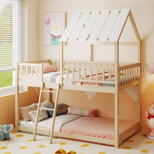 Twin Over Twin House Bunk Bed with Roof and Full-length Guardrails for Kids Teens Boys Girls-White LuxuryLifeWay Online Store