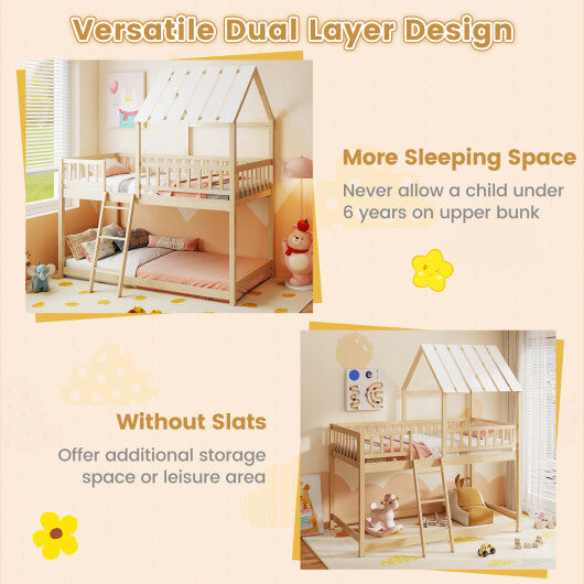 Twin Over Twin House Bunk Bed with Roof and Full-length Guardrails for Kids Teens Boys Girls-White LuxuryLifeWay Online Store
