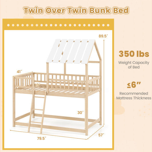 Twin Over Twin House Bunk Bed with Roof and Full-length Guardrails for Kids Teens Boys Girls-White LuxuryLifeWay Online Store