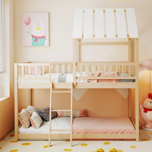 Twin Over Twin House Bunk Bed with Roof and Full-length Guardrails for Kids Teens Boys Girls-White LuxuryLifeWay Online Store