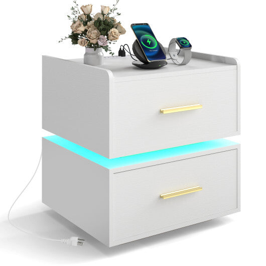 Nightstand with Charging Station LED Bedside Table with 2 Storage Drawers-White LuxuryLifeWay Online Store