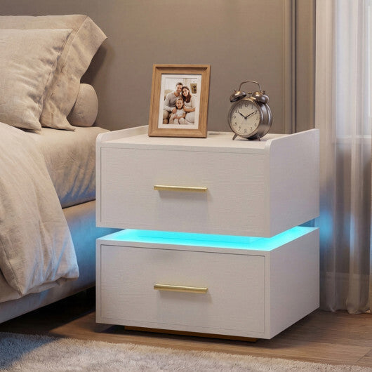 Nightstand with Charging Station LED Bedside Table with 2 Storage Drawers-White LuxuryLifeWay Online Store