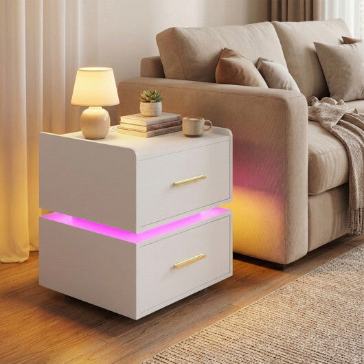 Nightstand with Charging Station LED Bedside Table with 2 Storage Drawers-White LuxuryLifeWay Online Store