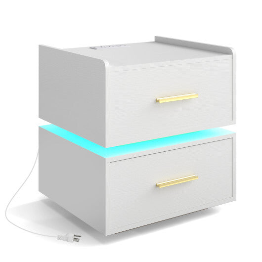 Nightstand with Charging Station LED Bedside Table with 2 Storage Drawers-White LuxuryLifeWay Online Store